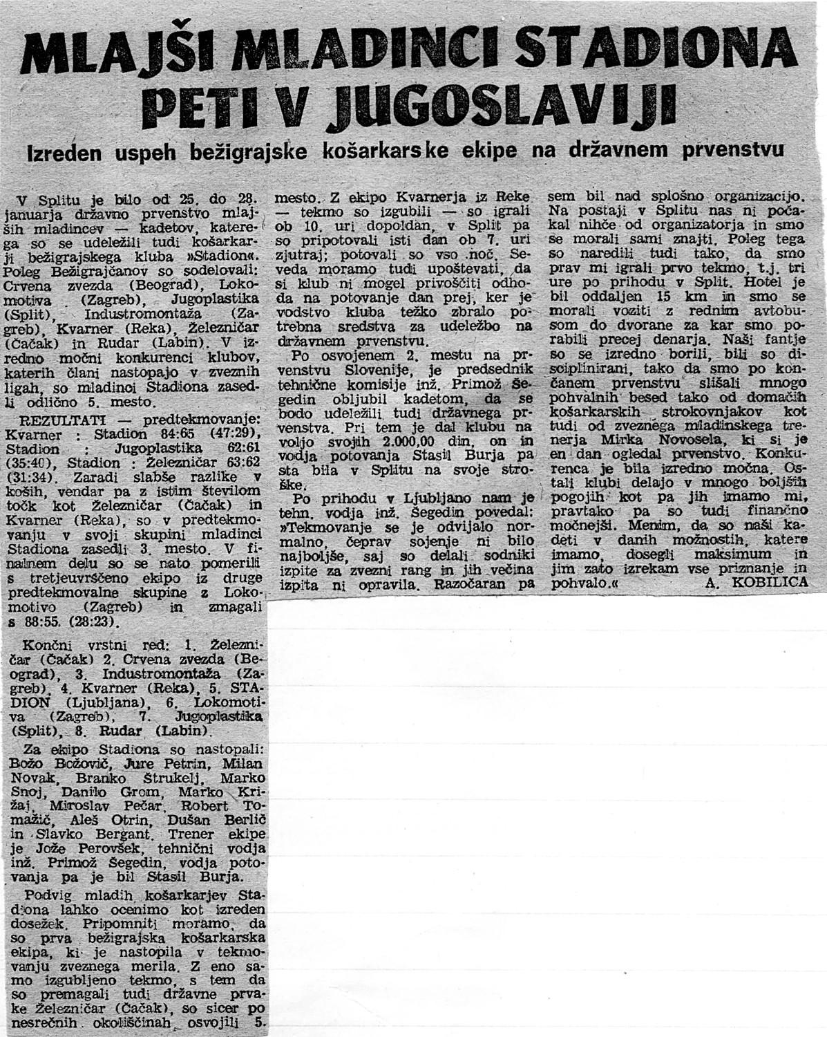 Časopisni članek: Mlajši mladinci Stadiona peti v Jugoslaviji